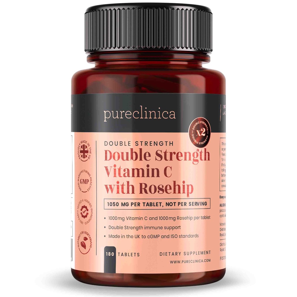 purclinica Vitamina C con Rosehip – 2000mg (1000mg VIT C & 1000mg Rosehip Extracto) x 180 Tabletas - 6 Meses ¡Aprovisionamiento!