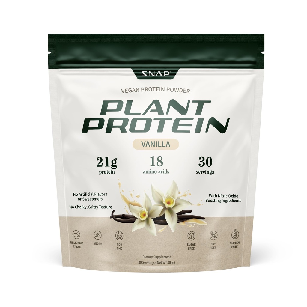 Snap Supplements Organic Plant Based Vegan Protein Powder Nitric Oxide Boosting Protein Powder, Vanilla Bean, BCAA Amino Acid for Muscle Growth, Performance " Recovery - 30 Servings (Vanilla)