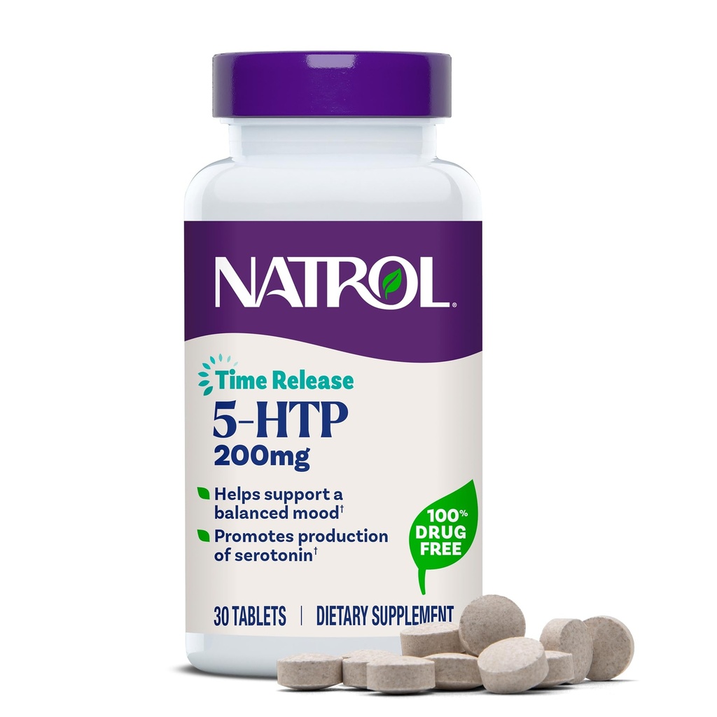 Natrol 5-HTP 200 mg, Time Release, Support a Balanced Mood, Dietary Supplement Provides Serotonin Production A lo largo del día, 30 Tablets, Hasta 30 Day Supply