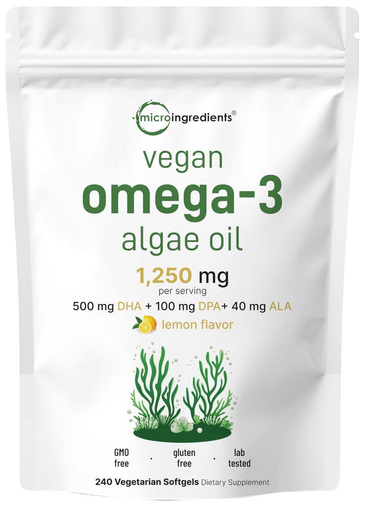 Micro Ingredientes Vegan Omega 3 Algae Oil, 240 Veggie Softgels ← Fish Oil Alternative  DHA 500mg &amp; DPA 100mg ANTE Carrageenan Free ← Plant-Based Omega 3 with Flaxseed &amp; ALA ← Lemon Flavored