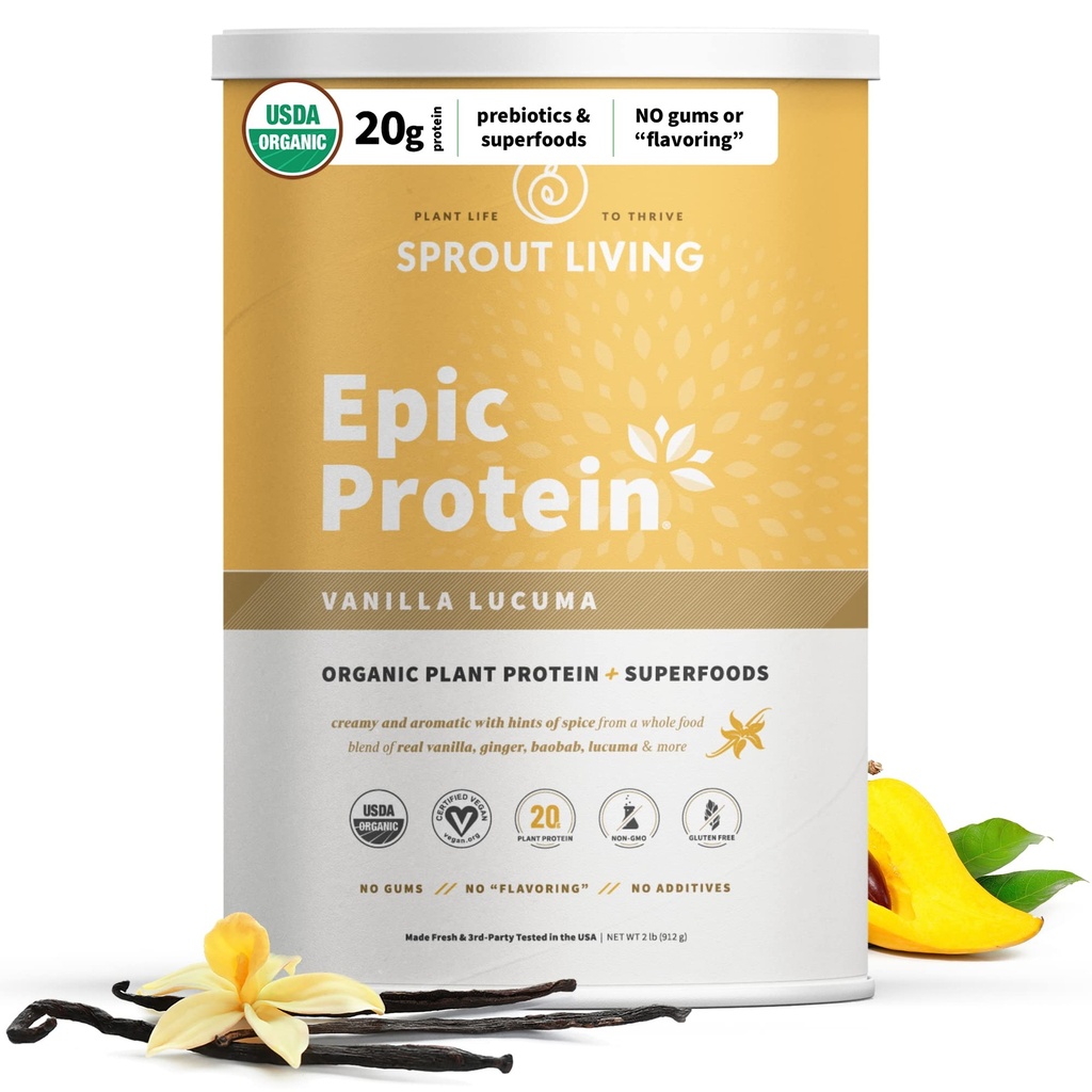 Sprout Living Epic Protein, Plant Based Protein & Superfoods Powder, Vanilla Lucuma Powder  20 Grams Organic Protein Powder, Vegan, Non Dairy, Non-GMO, Gluten Free, Low Sugar (2 libras, 24 servidos)