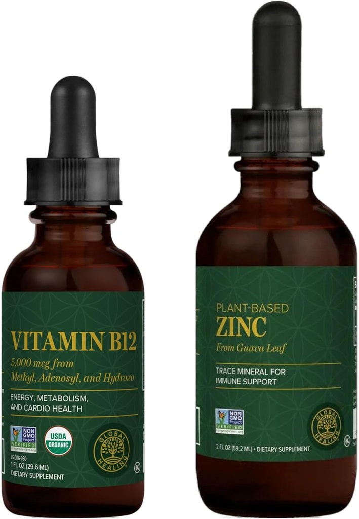 Global Healing Center - Vitamina B12 y Zinc Liquid Supplement Kit - Long-Lasting Energy, Immune System Boost, Hormone Balance