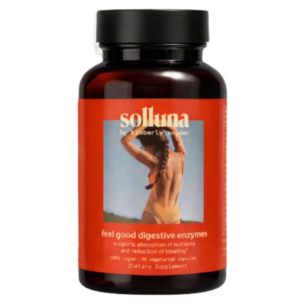 Solluna by Kimberly Snyder Digestive Enzymes Lipase, Amylase, Protease, Alpha-Galactosidase, Cellulase for Digestive Health, Nutrient Absorption, Stomach Pain, Gas " Bloating (90CT) Vegan " Non-GMO
