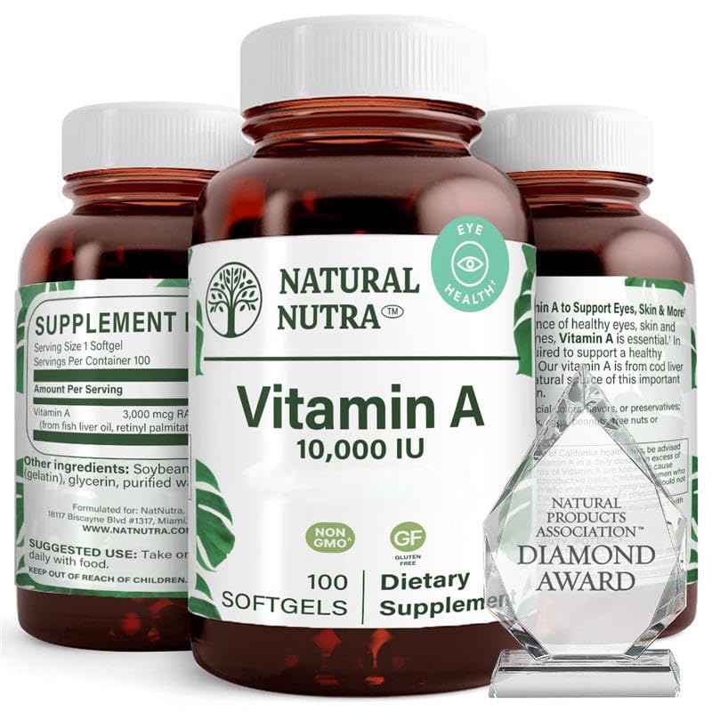 Vitamina Nutra Natural A 10,000 IU Softgels – High Potency Eye and Skin Vitamins – Gluten-Free - Suplemento para la salud de la piel – Fish Liver Oil for Men and Women, Gluten Free 100 Softgels (2 Pack)