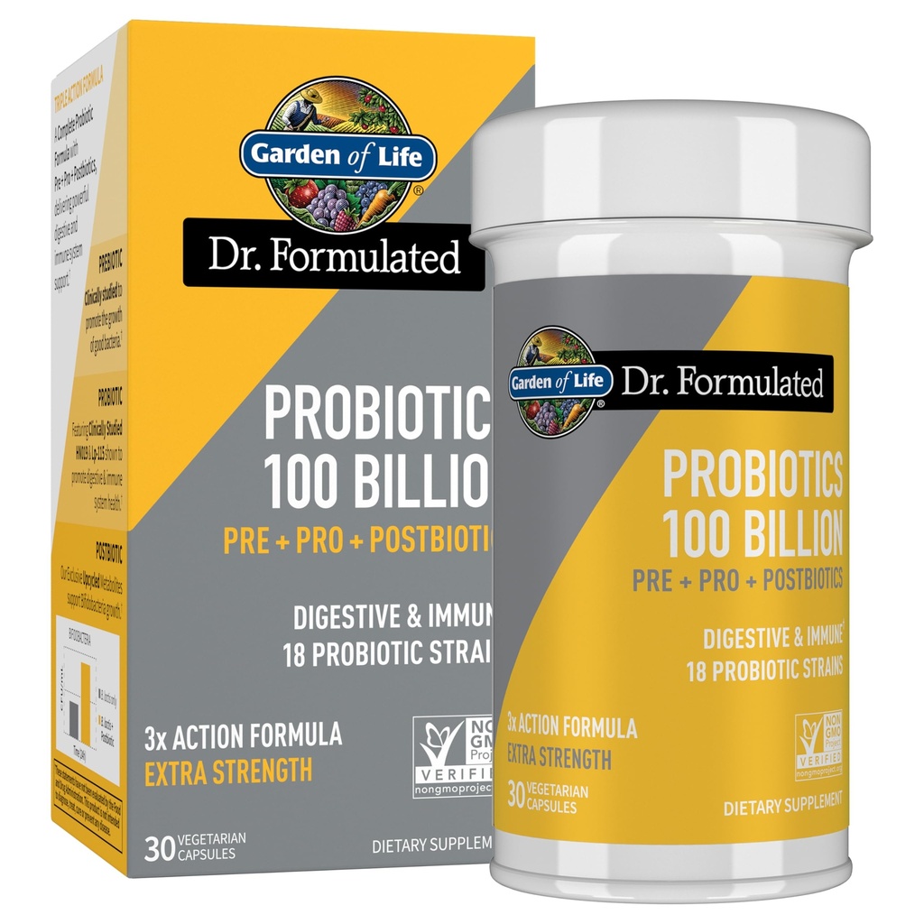 Garden of Life Dr. Formulated Pre, Post &amp; Probiotics 100 Billion CFU Once Daily 3-in-1 Complete Probiotics, Prebiotics & Postbiotics Supplement for Women and Men – Extra Strength, 30 Day Supply
