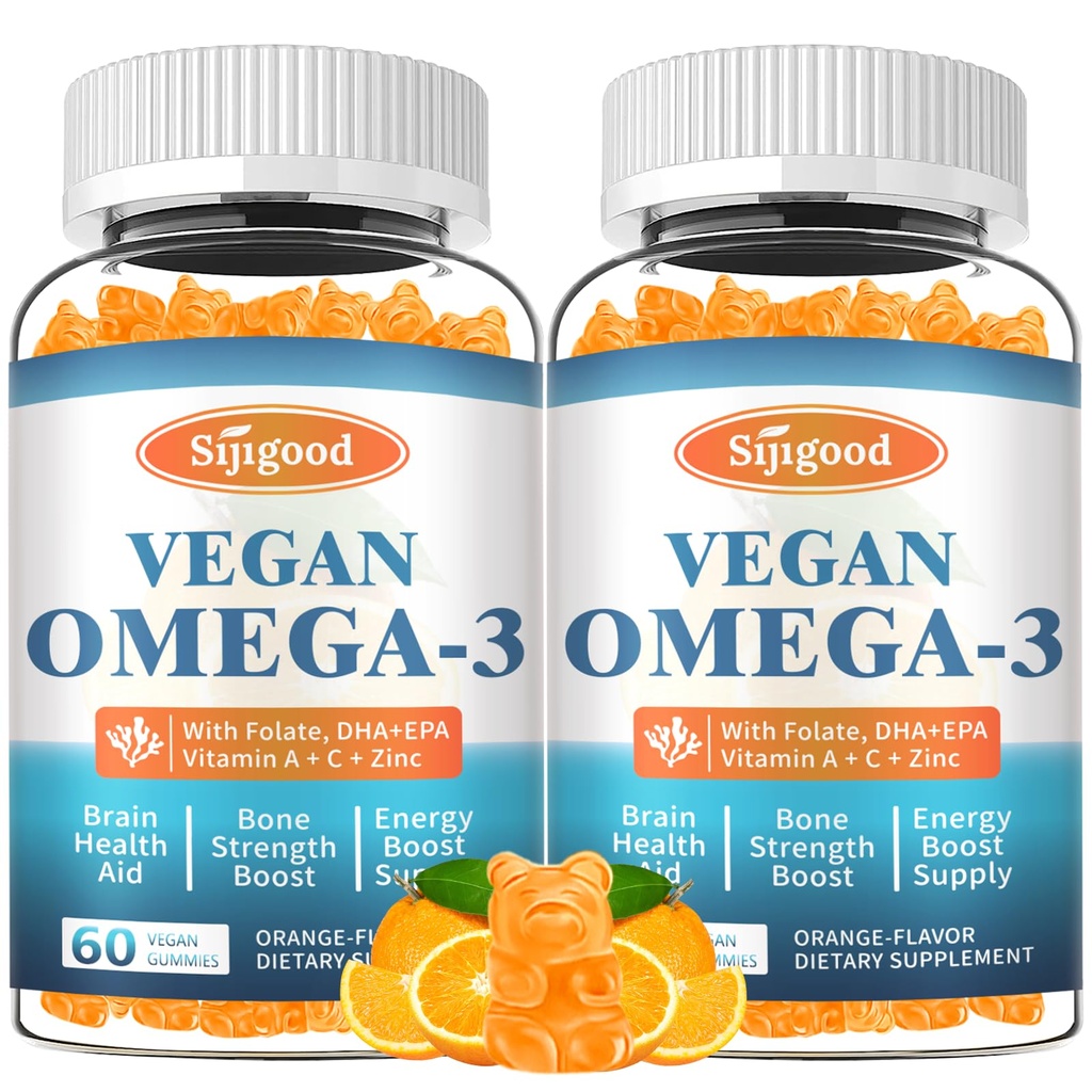 2 Pack Omega-3 Gummies Potent Algae Omega Fuente, Boost Brain, Eye &amp; Immune Función, con DHA y EPA Vegan & Sugar Gratis, Orange Flavor, 120 Condes