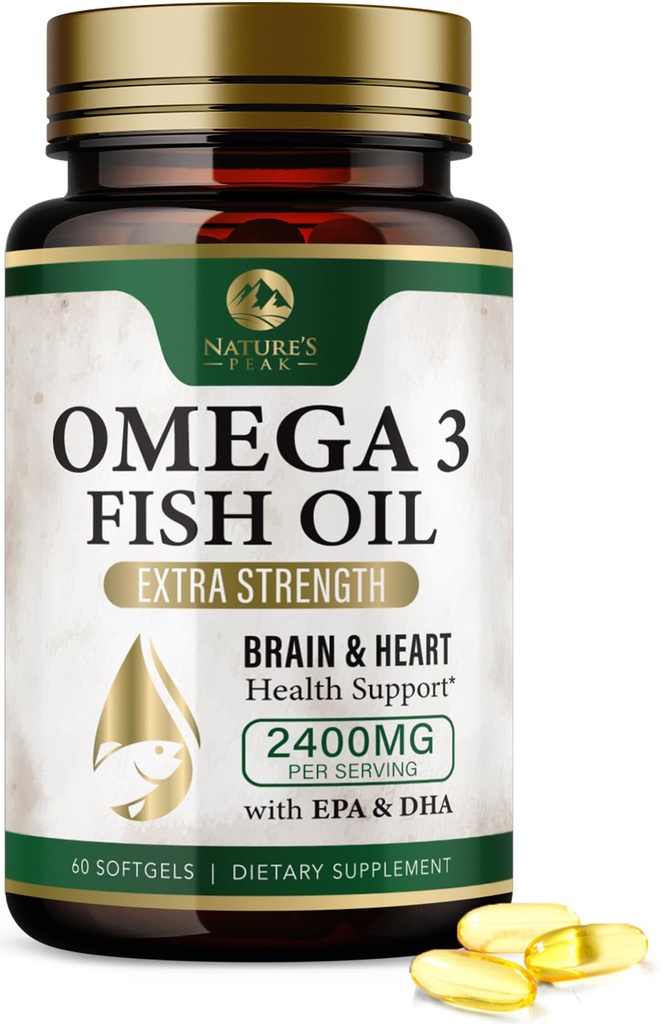 Omega 3 Píldoras de aceite de pescado 2400mg - Triple fuerza Omega 3 suplementos de aceite de pescado - Mejor EPA & DHA Ácidos grasos para el soporte de salud cerebral, Suplemento Omega3 de la naturaleza, 30 fuente de día - 60 Softgels