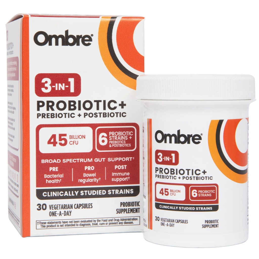 Ombre 3-en-1 Probiótico, Prebiótico y Postbiótico para Salud Digestiva " Gut Health - 45 billón CFU - Bloating, Constipation " Gas Relief - Metabólico " Immune Support for Women " Men, 30 Day Supply