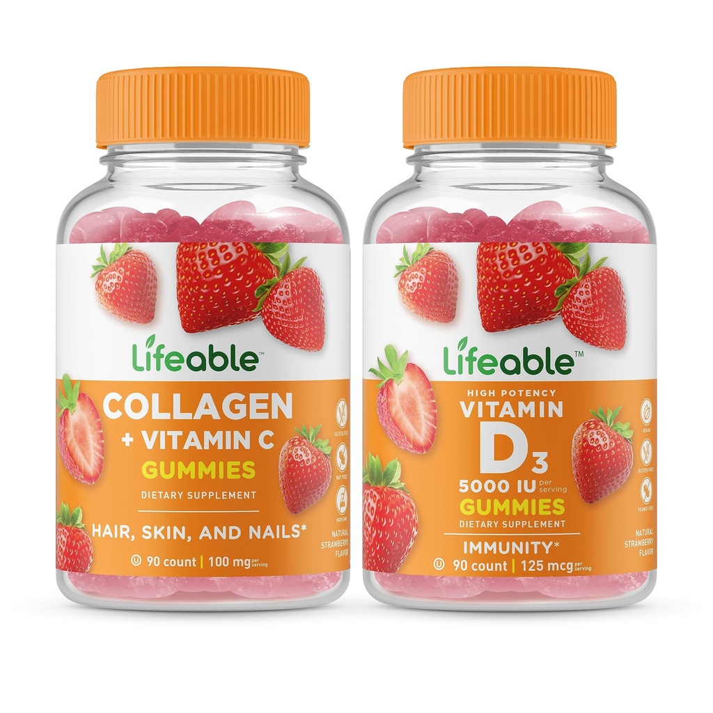 Lifeable Collagen &amp; Vitamina C + Vitamina D 5000 UI, Gummies Bundle - Gran Tasting, Suplemento de vitamina, Gluten Gratis, GMO Gratis, Chewable Gummy