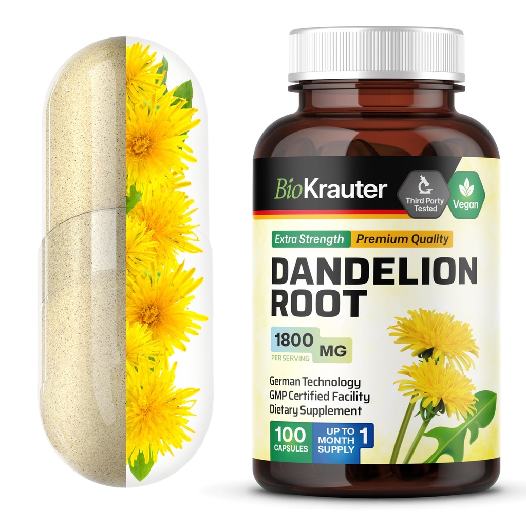 BIO KRAUTER Dandelion Root Capsules - 1800 mg Strength - 100 Conde - Dandelion Root Suplemento - Vegan Capsules for Liver Support