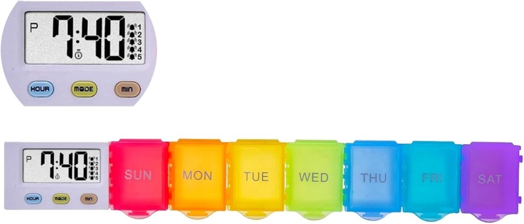 [4 en 1] 7 Días Medicina Pill Organizer+5 Reminder Alarmas+Timer+Clock,Large Compartment,Loud Sound,Large Screen,Moisture-Proof,Dust-Proof,Travel Weekly/Daily Pill Box/Organizer/Case/Container/Dispenser