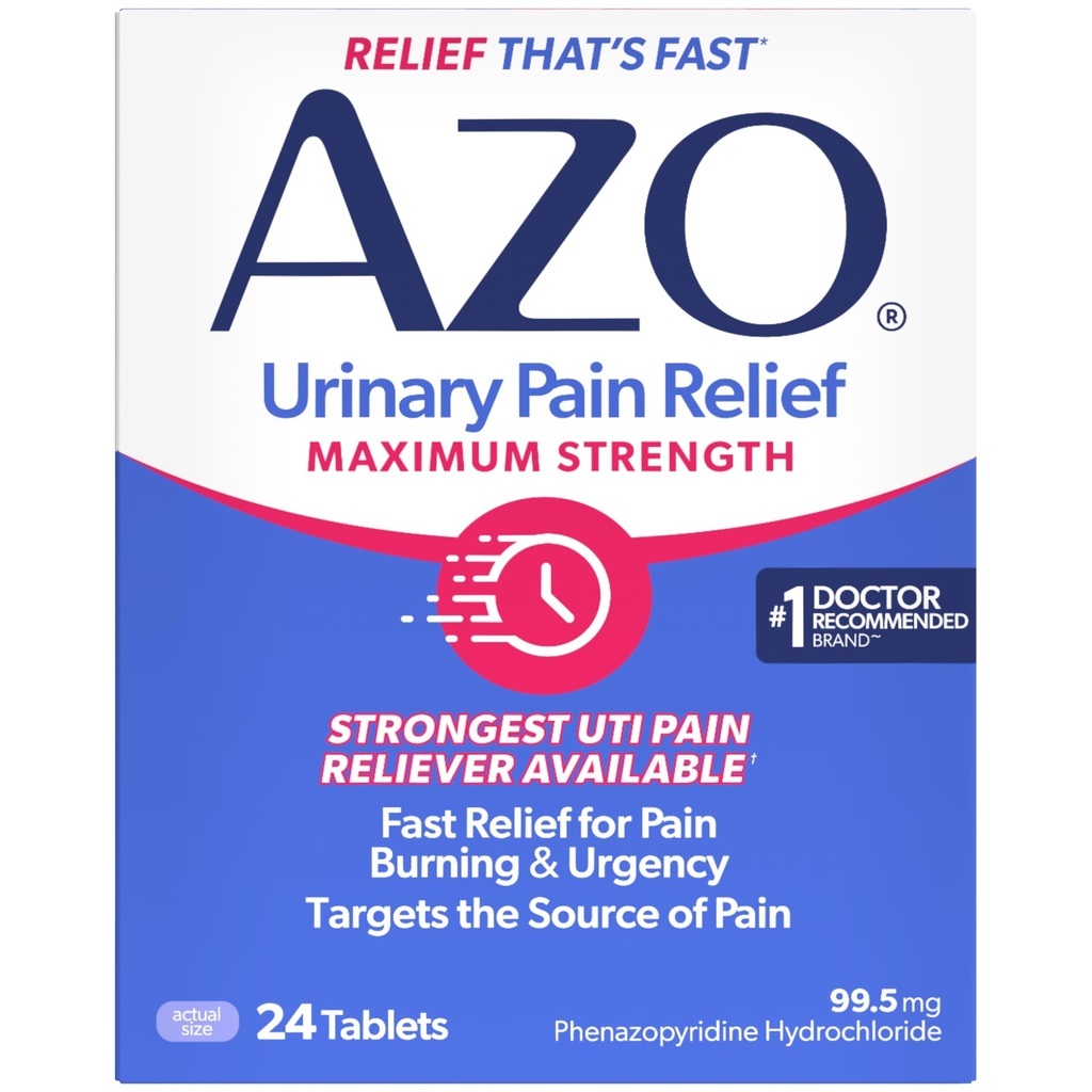 AZO Urinary Pain Relief Maximum Strength, Fast relief of UTI Pain, Burning &amp; Urgency, Targets Source of Pain, #1 Most Trusted Brand, 24 Tablets