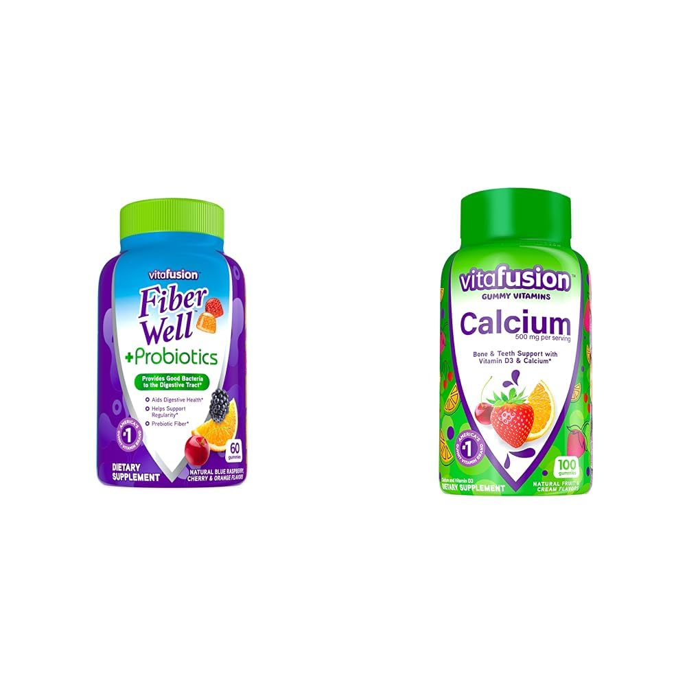 Vitafusion Fiber Well Probiotics Gummies Adultos 60 Conde & Calcium Gummy Vitaminas Huesos Soporte Fruta Crema Flavored 100 Conde