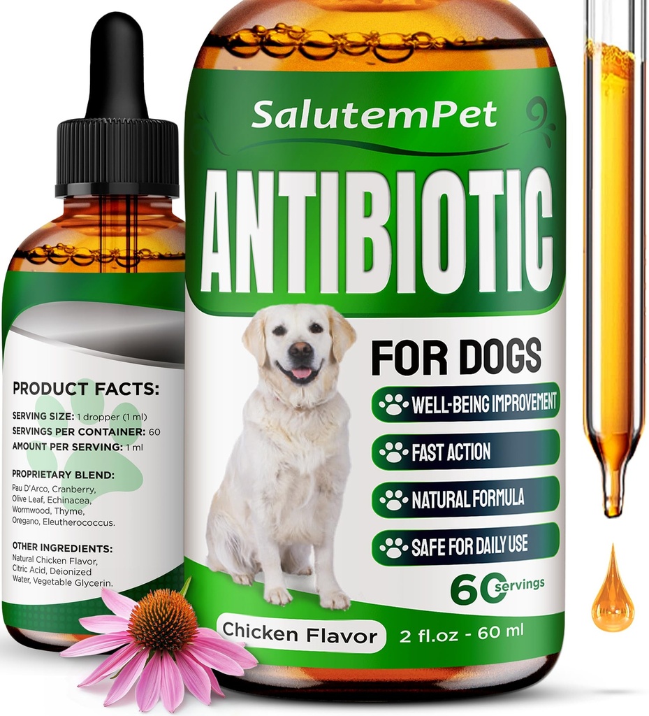 Antibióticos naturales para perros ← Antibióticos para perros para la infección, tos, " Alergias para perros UTI Tratamiento antibióticos para todos los pechos ¦ Suplemento herbal con Chicken Flavor ← 2 Oz