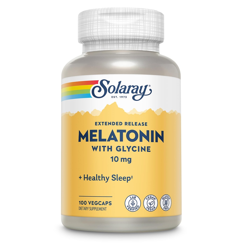 SOLARAY Melatonin 10mg con Glycine - Extended Release, Healthy Sleep Aid and Calming Relaxation Support - Lab Verified, Vegan, Gluten Free, 60-Day Guarantee - 100 Servings, 100 VegCaps