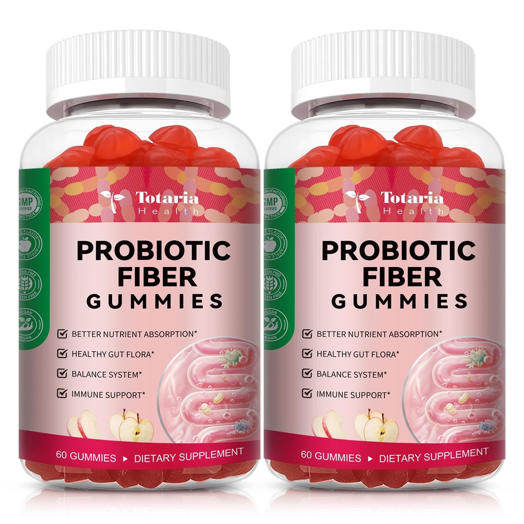 9-en-1 Gummies de fibra probiótica para adultos " adolescentes 16G fibra por ser, suplemento de fibra de Psyllium con 5 millones de francos CFU Bacillus Coagulans, Inulin, ACV para digestivo, Gut &amp; Immune Wellness - 2 Botellas