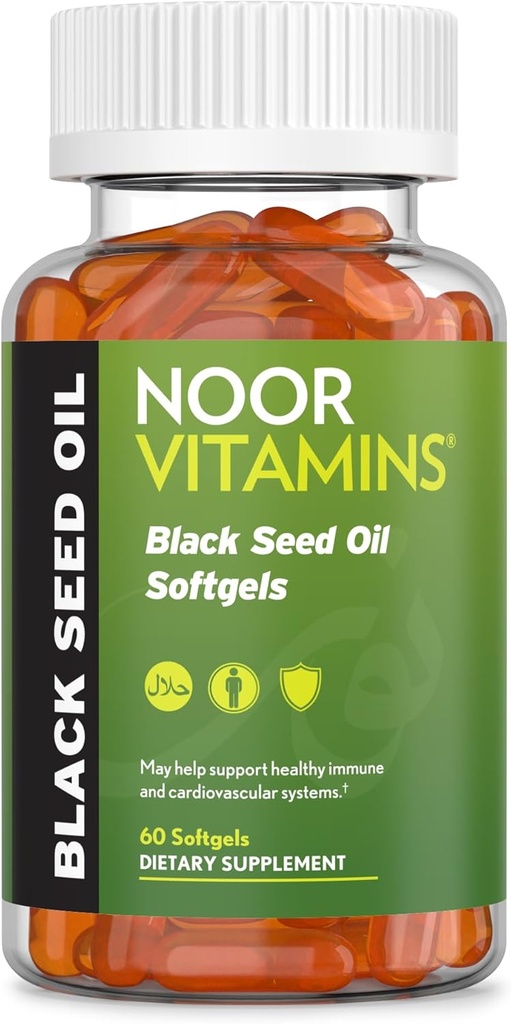 Vitaminas de la semilla Halal Negro cápsulas de aceite de semilla, vitaminas de Halal, 1000 mg de aceite de semilla negra de Nigella Sativa, Thymoquinone, No GMO, Gluten Gratis, 60 Conde