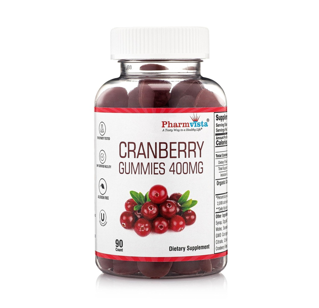 Cranberry Gummies for Kids &amp; Adults 400mg-Gluten Free Allergen Free Nutrient Rich Vegan Supplement -Cranberry Chews-90 Count