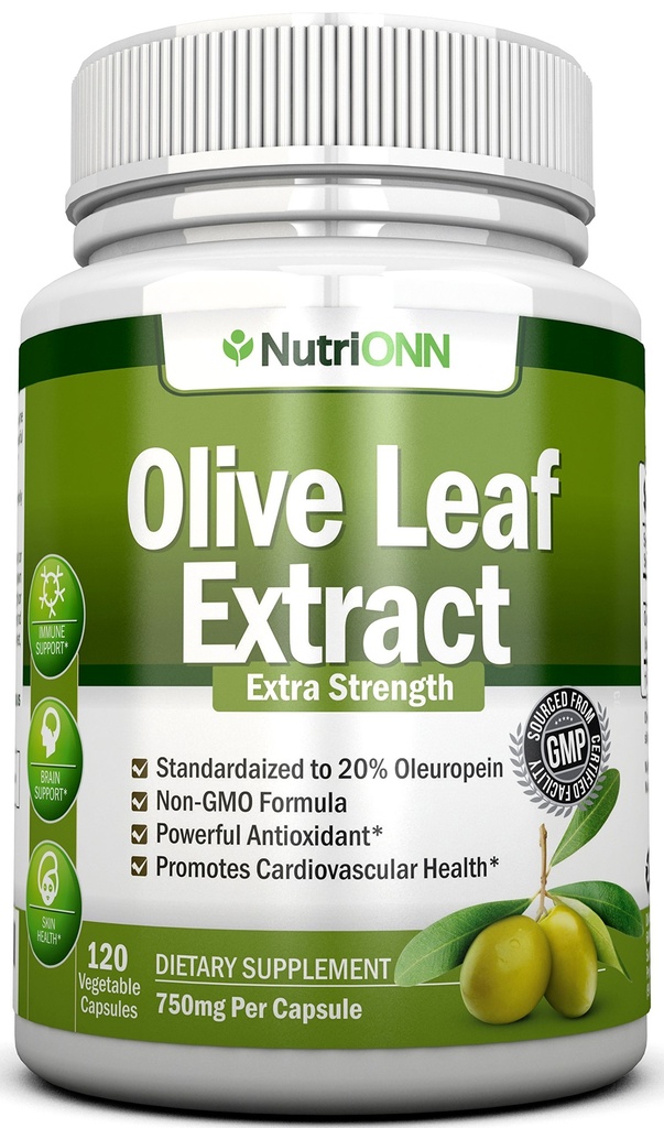 Extracto de la hoja de oliva - 750 Mg - 120 cápsulas - Extra Strength - 20% Oleuropein - Non-GMO Fórmula - Calidad Premium De las hojas de oliva pura - Potencial Antioxidante - Grande para el corazón, la piel y el cerebro