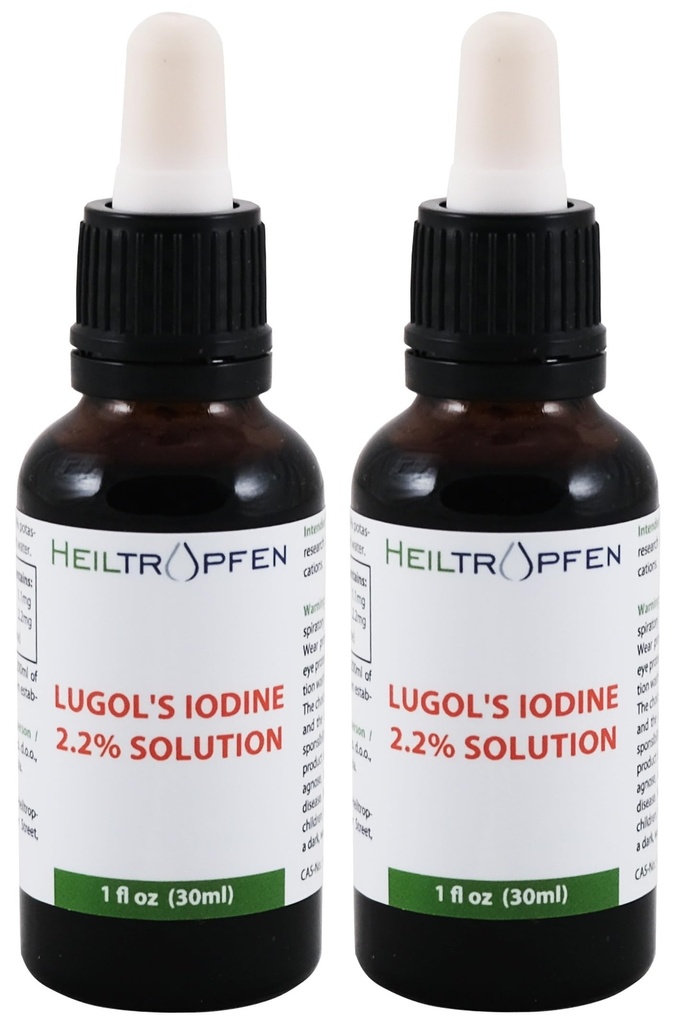 2X 2,2% Solución de yodo de Lugol 2x1 Fl Oz - 2x30 ml ← Ingredientes de Grado Farmacéutico ANTE Solución de Lugols Hecho con Iodo y Potasio Ioduro ANTE Conjunto de dos botellas ANTE Heiltropfen®