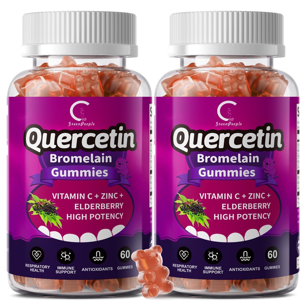 Quercetina Gummies - Quercetina con Bromelaina, Vitamina C, Zinc " Elderberry, Extra Strength Immune System Booster, Lung Support Supplement for Adults Kids - 60 Quercetin Gummies (2 Pack)