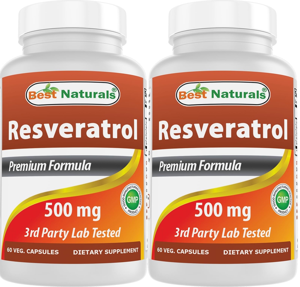 Best Naturals 2 Packs Resveratrol Complex 500 mg 60 Veg Capsules Hecho con piel de uva, vino tinto, quercetina - Gluten Gratis &amp; No GMO - (Total 120 cápsulas)