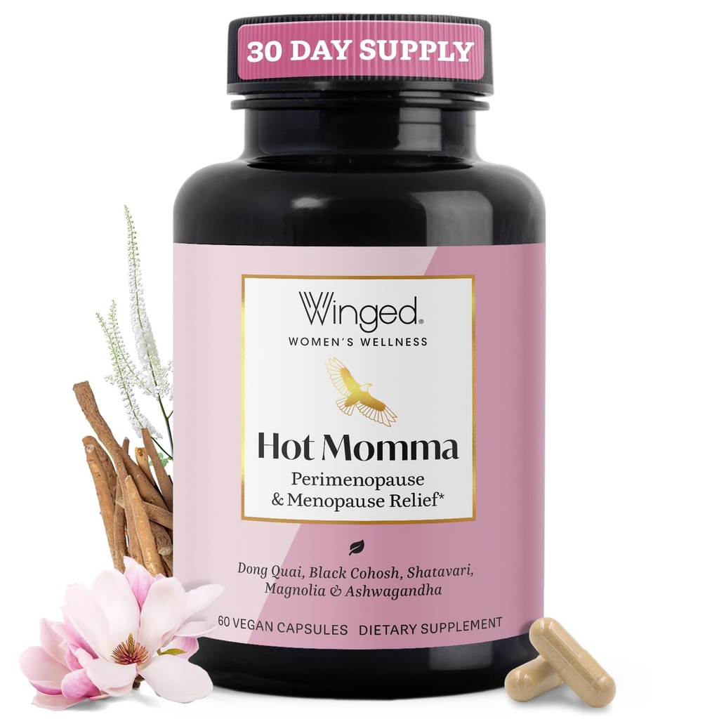 Winged Wellness Hot Momma Menopause Suplementos para Mujeres - Alivio de la menopausia libre de hormonas Apoyo para Flashes calientes ' Night Sweats with Chaste Tree Berry, Multivitamins &amp; More - 60 Vegan Capsules