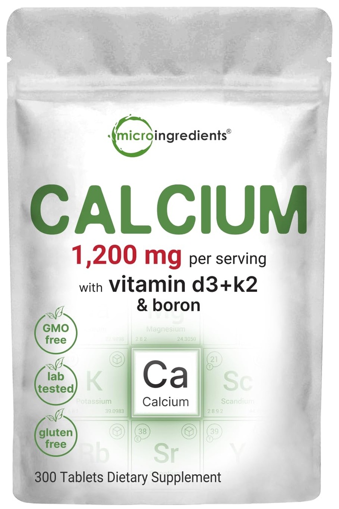 Micro Ingredientes Calcio 1,200 mg con Vitamina D3 &amp; K2, 300 Tabletas Silencio Suplementos de Calcio para Mujeres y Hombres Silencioso Complejo Mineral Bonificación de Apoyo, Dientes, Colon &amp; Cardiovascular Health ← Non-GMO, Gluten-Free