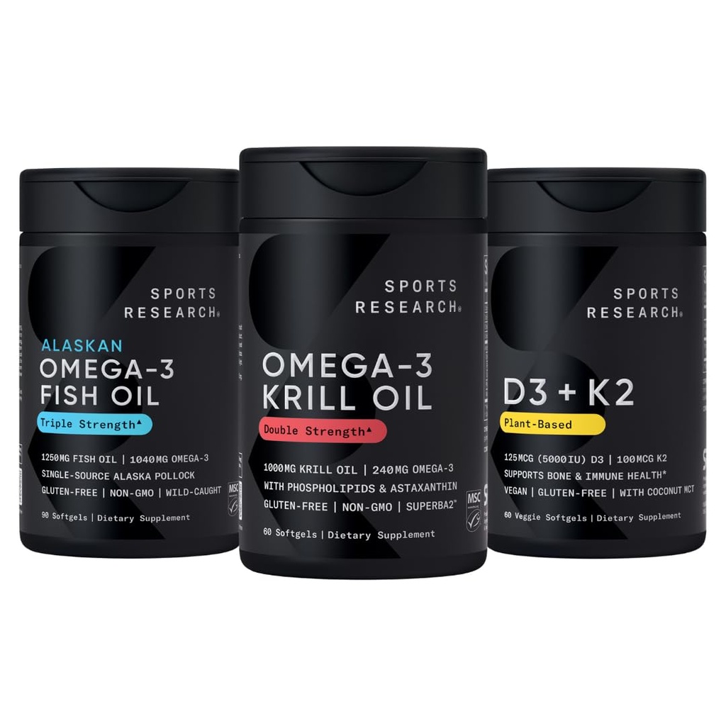 Sports Research Antarctic Krill Oil Omega 3 1000mg (Doble Strength) con fosfolípidos, Choline " Astaxanthin, Triple Strength Omega 3 Fish Oil Single-Source Wild Alaska Pollock 1250mg, Vitamina D3 K2