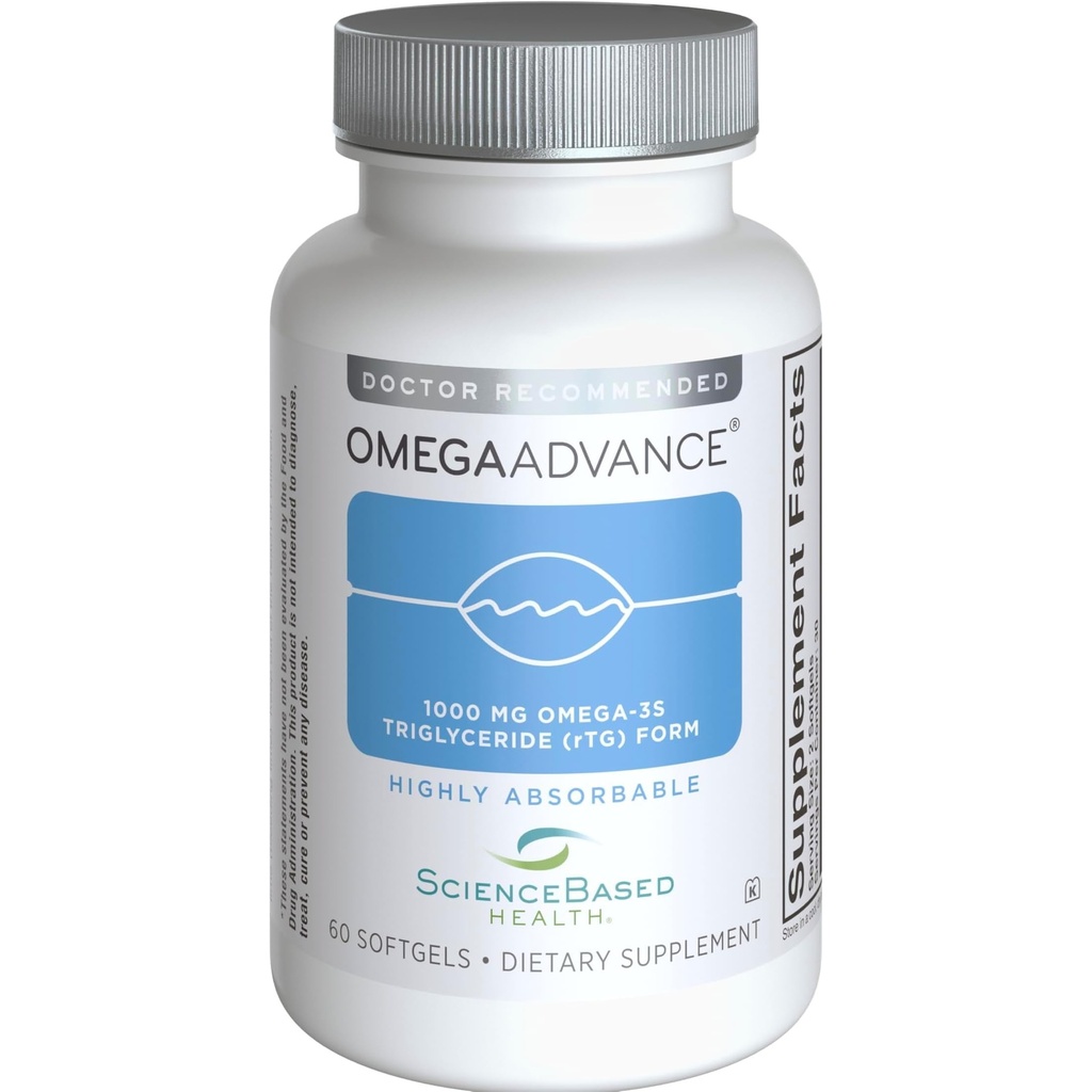 OmegaAdvance Omega-3 Fish Oil – Forma Triglicérida con 1000 mg EPA & DHA – Plus Lutein & Zeaxanthin – Apoya el corazón, la salud cerebral y la salud ocular – Lemon Coated – 60 Softgels