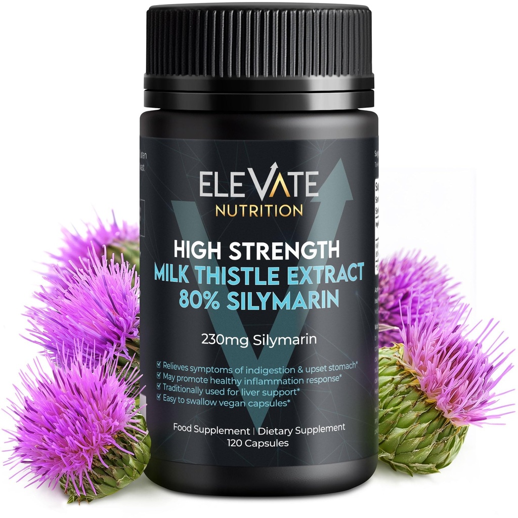 ELEVATE NUTRITION Milk Thistle - 288 mg, 80% Silymarin Extract - 120 cápsulas Vegan - Suplemento dietético de salud - Ayuda a mantener la función del hígado y el confort digestivo