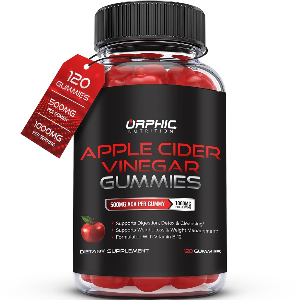 ORPHIC NUTRITION Apple Cider Vinegar Gummies - 1000mg - ACV Weight Loss Gummies - Supports Digestion, Detox &amp; Cleansing - VIT B12, Beetroot - Gomitas de Vinagre de Manzana (120 piezas)