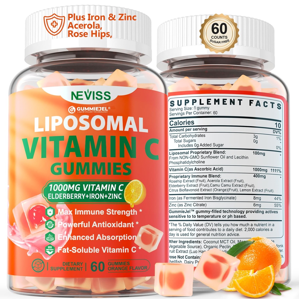 Liposomal Vitamina C 1000mg Gummies para Adultos - Vitamina C Chewable with Elderberry, Zinc &amp; 8mg Iron, Sugar Free Vit C Suplementos, Daily Immune Support Gummies for Energy, Collagen Booster 60 Condes