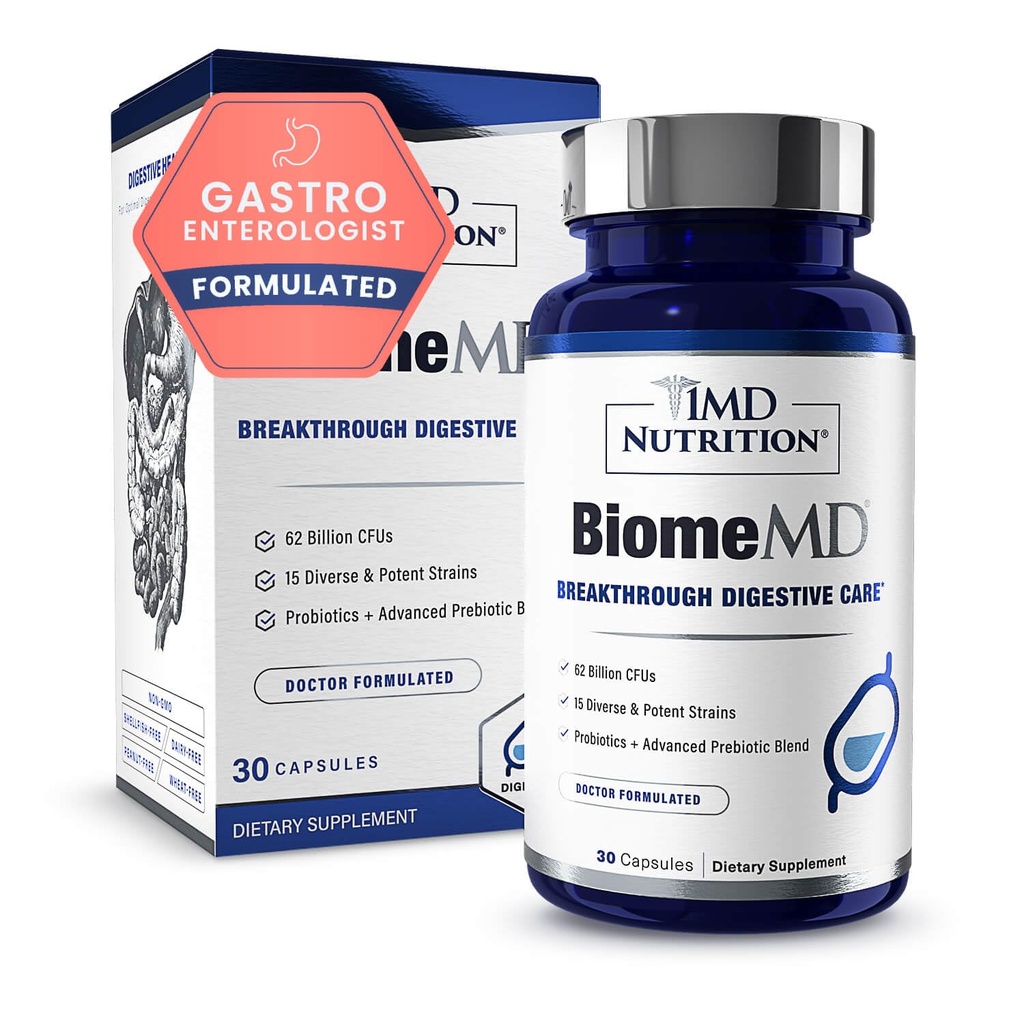 1MD Nutrición BiomeMD Probióticos TEN 62 Billion CFUs, 15 Estrados Integrales - Pro " Prebióticos TEN Doctor-Formulado para Salud Digestiva " Apoyo Inmunitario TEN 30 cápsulas