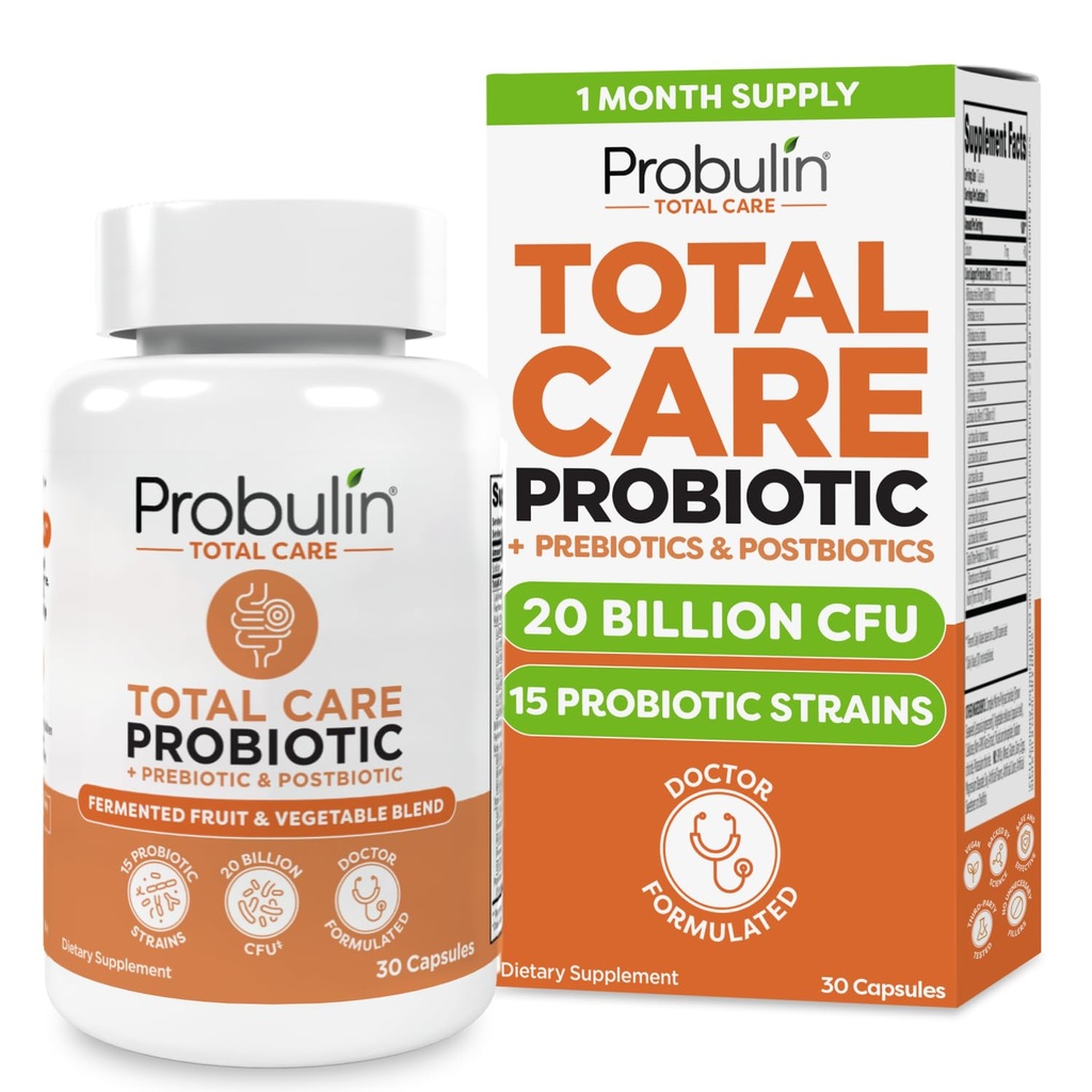 Probulina Total Care Probiotic Supplement, Daily Gut, Digestive, and Immune Health Probiotics Capsules for Men and Women, 20 Billion CFU, Vegan, 30 Count Bottle