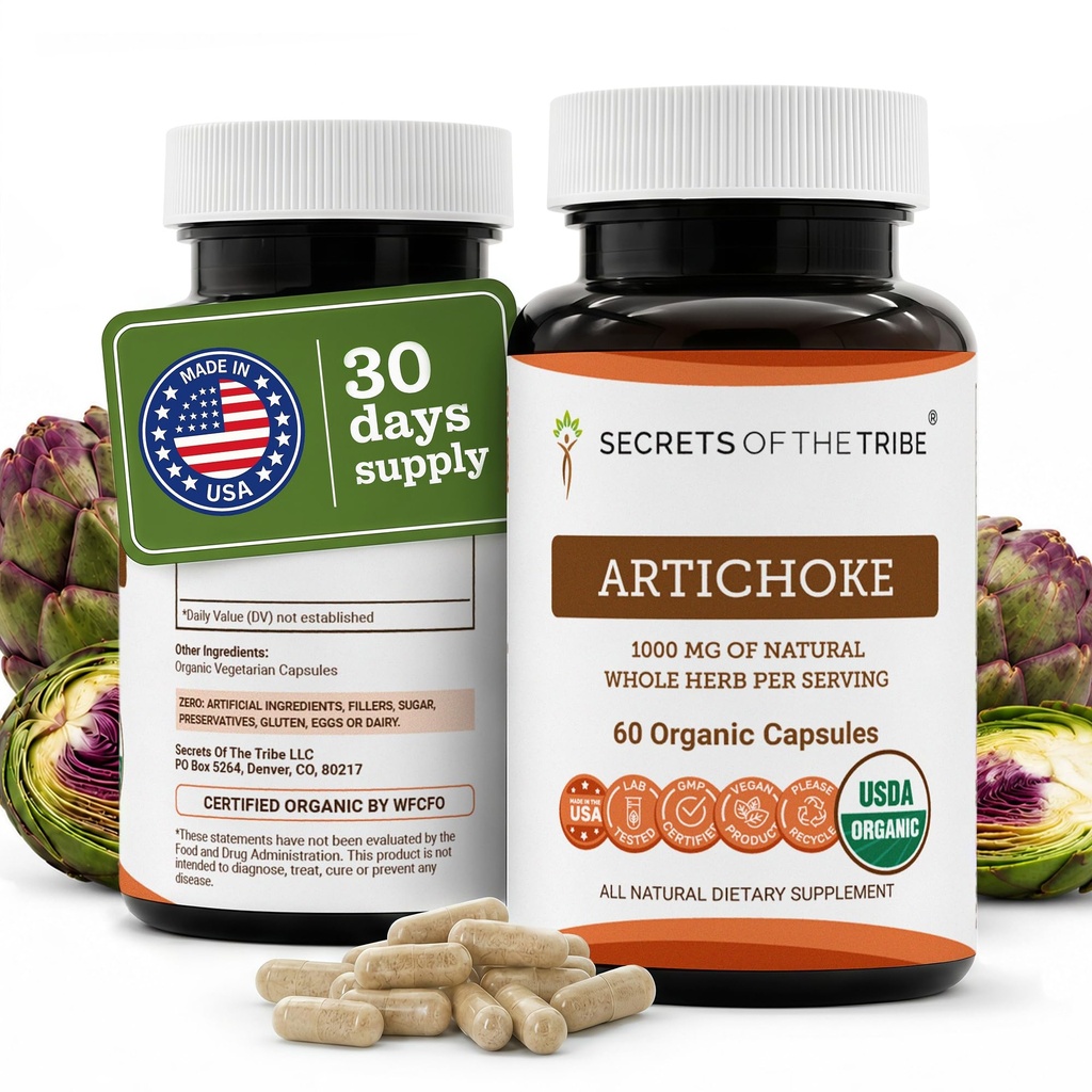 Secretos de la Tribe Artichoke 60 cápsulas, 1000 mg, Artichoke (Cynara scolymus) Hoja seca (60 cápsulas)