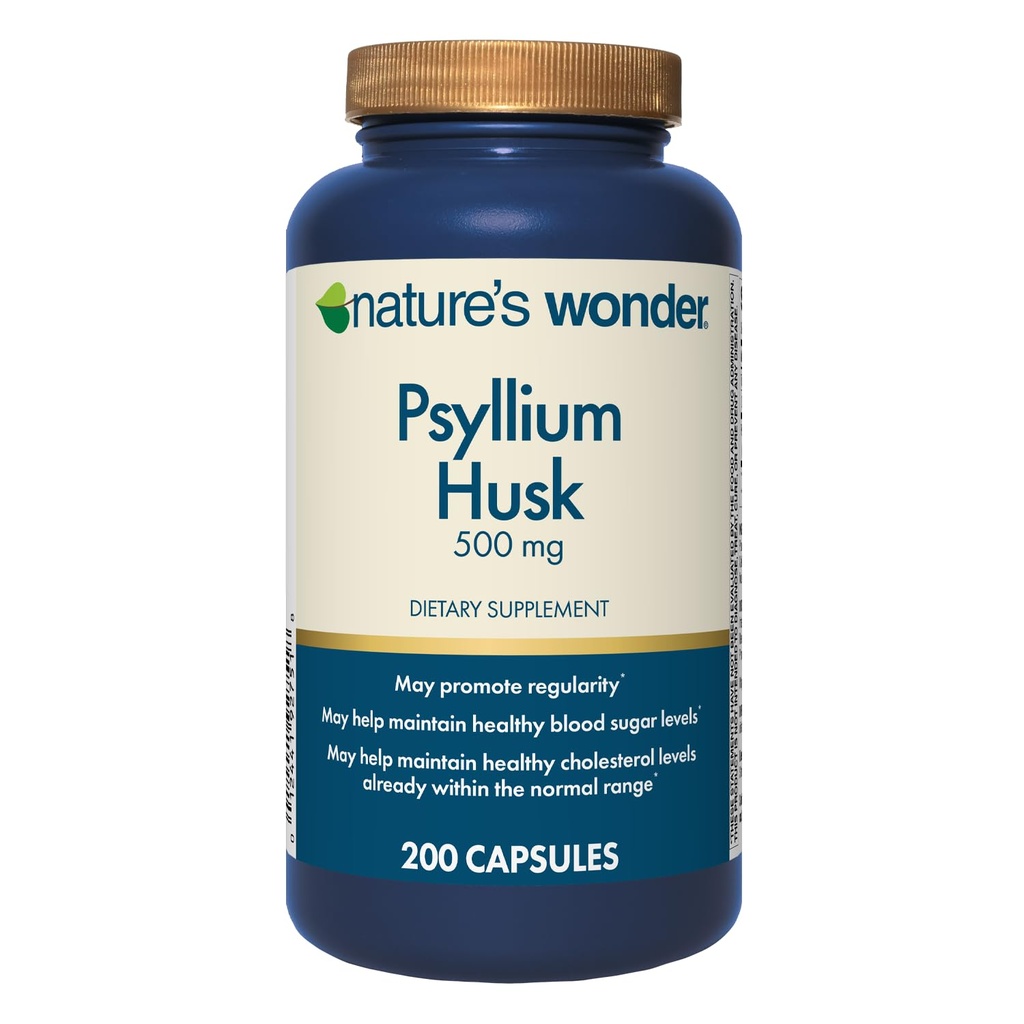 Maravilla de la naturaleza Psyllium Husk 500 mg cápsulas para la salud digestiva, fibra de base vegetal, 200 conteo