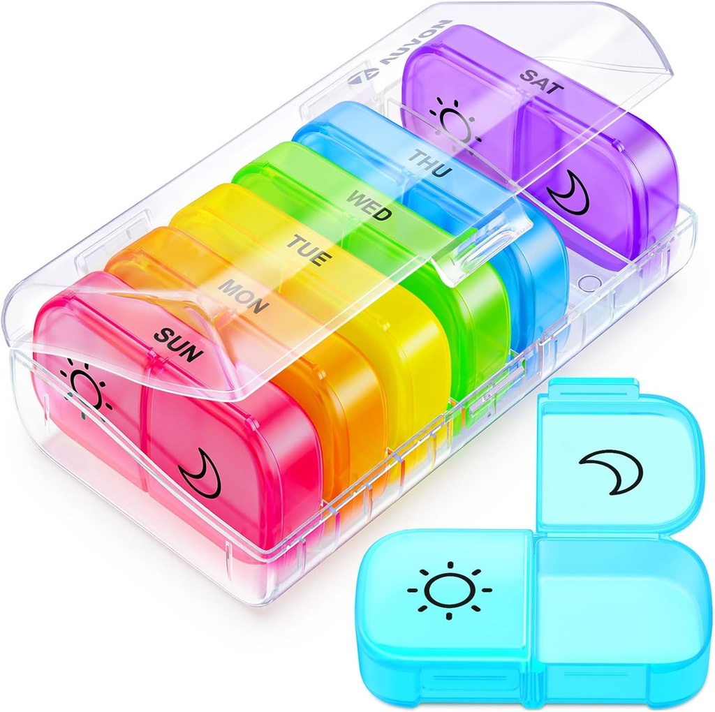 AUVON XL Organizador semanal de píldoras 2 veces al día con gran apertura para fácil llenado, AM PM Pill Box 7 Day in Rainbow Colors, Portable Travel Pill Case for Medication, Vitamins, Fish Oils, Supplements