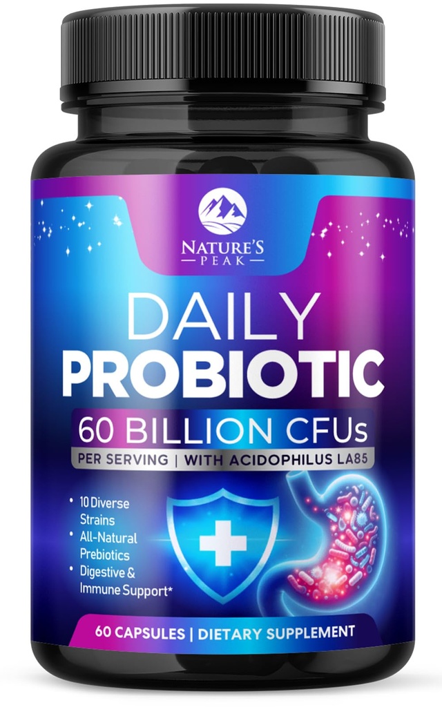 Probióticos 60 Billones CFU - 10 Estrías + Estrías Digestivas " Prebióticos - Mejor Probiótico para Hombres Mujer, Apoyo Immune, Gut Health, Estreñimiento ocasional, Diarrea, Gas " Bloating - 60 cápsulas