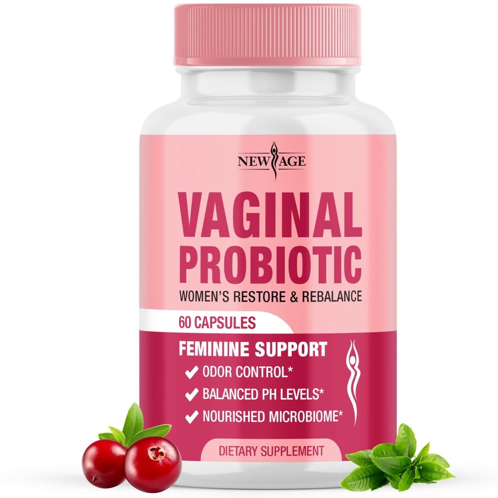 NUEVO AGE Vaginal Probióticos para Mujeres con Prebióticos, Extracto de Arándano, y un Lactobacillus Probiotic Blend, apoya el equilibrio de pH saludable, control de olores, flor vaginal - 60 cápsulas