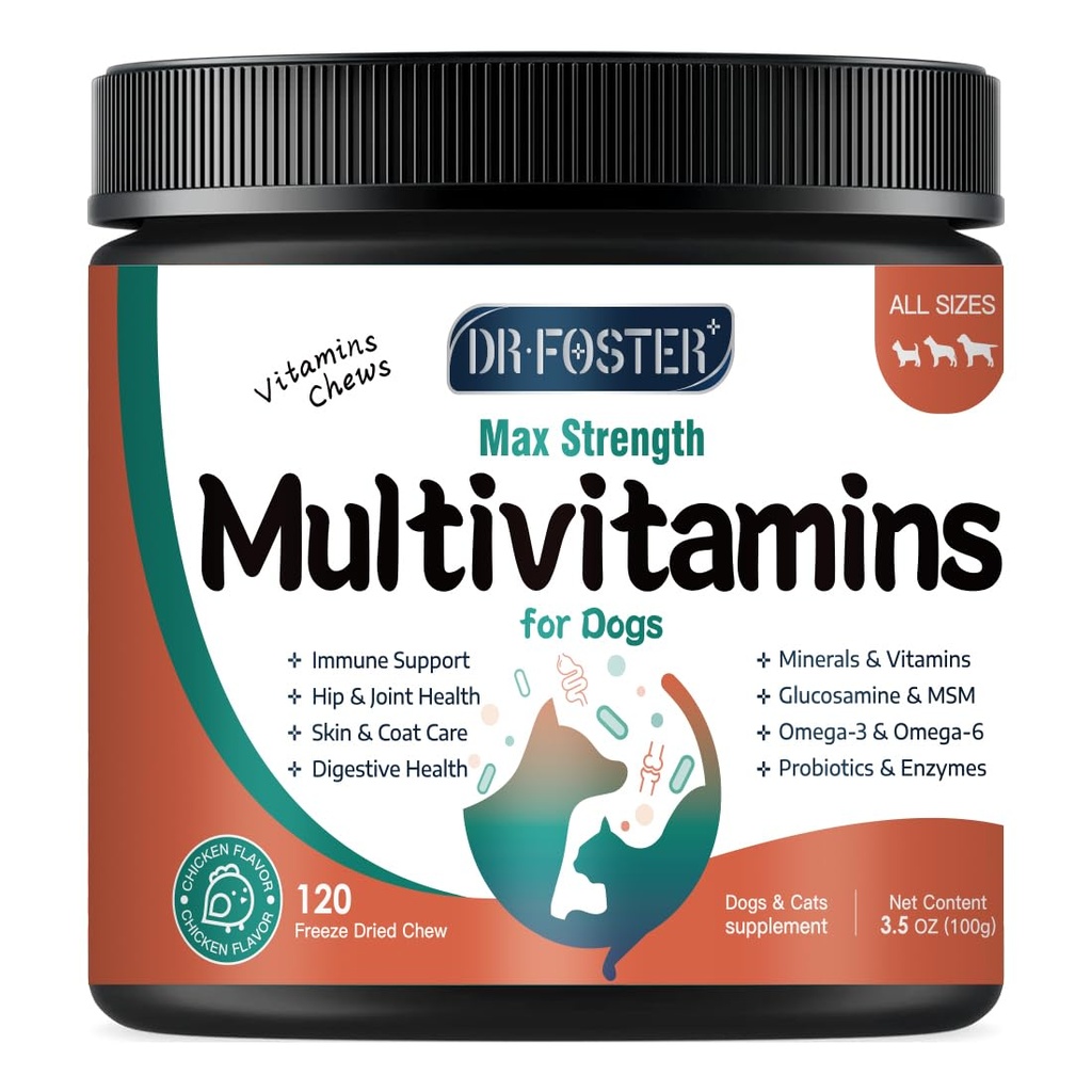 Multivitamina de perros con Glucosamina, Omega 3, Minerales, Probióticos y Enzimas, Vitaminas y Suplementos de perros para la atención conjunta, piel y carne, salud digestiva e inmunitaria, sabor de pollo - 120 Chews