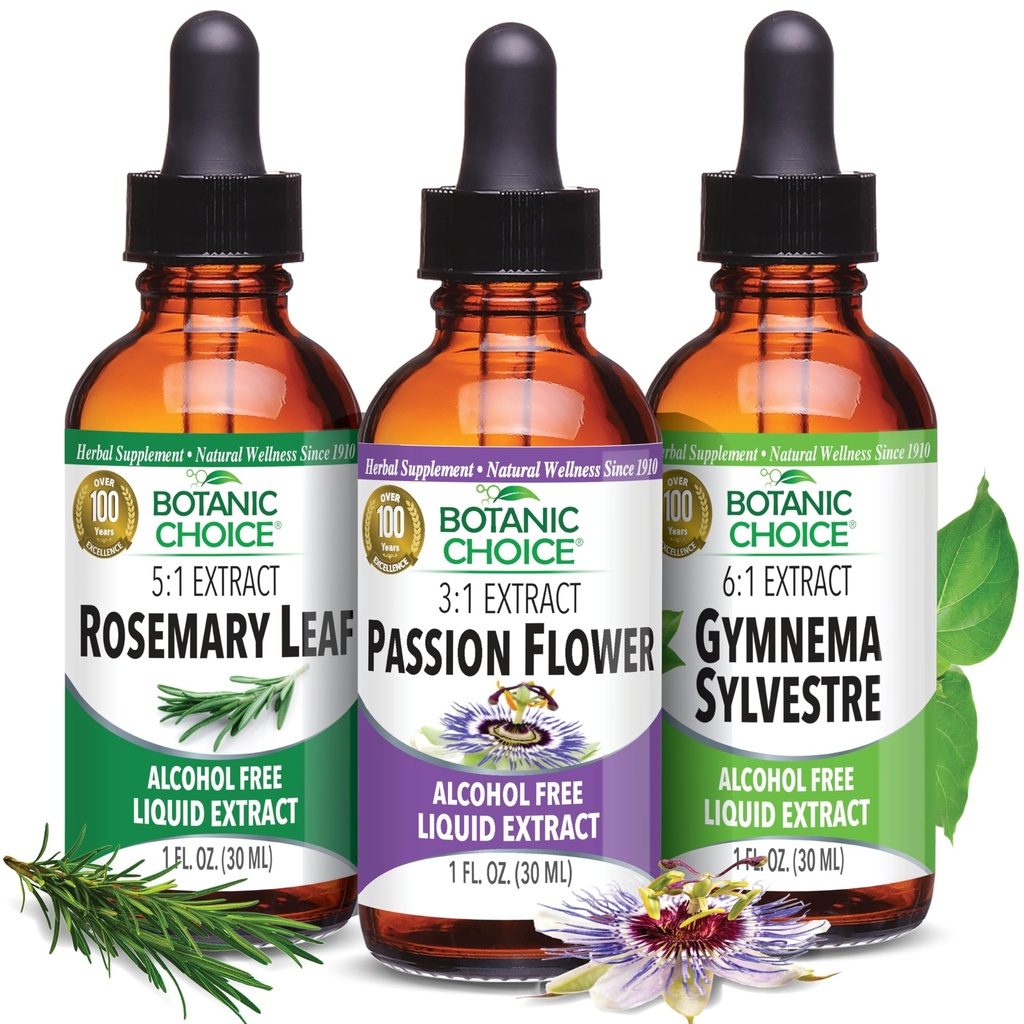 Botanic Choice Passion Flower, Rosemary Leaf, &amp; Gymnema Sylvestre Extractos Bundle – Daily Total Wellness Kit para el bienestar general (1 fl. Oz. Cada uno)
