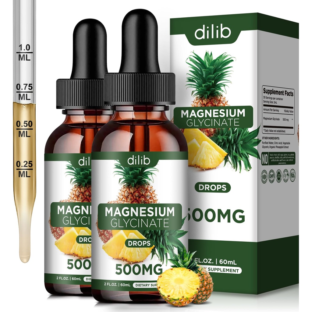 (2 Pack) Magnesium Glycinate Supplement, Liquid Magnesium Glycinate Liquid Drops 500mg-Support Stress Relief, Relax, Mood, Sleep, Bone & Muscle-4 Fl Oz, Vegan, Pineapple Flavor