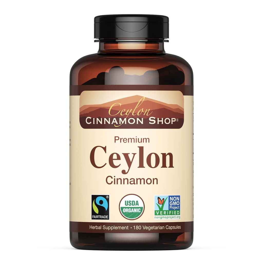 Ceylon Cinnamon Shop Organic Ceylon Cinnamon (100% certificado) Suplemento, 180 cápsulas, 3 meses de suministro