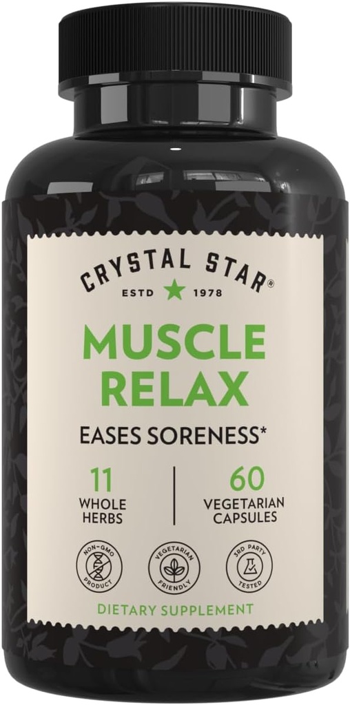 Crystal Star Muscle Relax (60 cápsulas) – Herbal Relief from Sore Muscles, Cramps & Spasms – Valerian Root, Jamaica Dogwood & Cramp Bark - Non-GMO