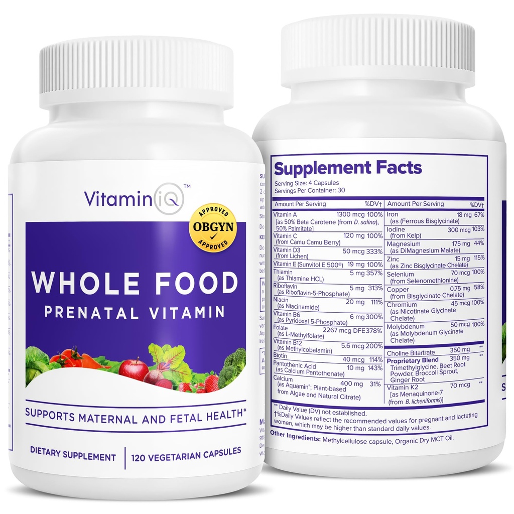 Alimento integral Vitaminas prenatales (120 cápsulas) Apoyo natural para la salud materno-fetal, multivitamina prenatal para las mujeres con escotilla, vitaminas B y más, vegano, no soy, gluten o lácteo