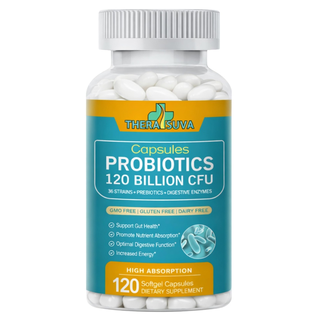 Probióticos 120 Billones CFU-36 Strains + Prebióticos Orgánicos + Suplemento Alimentario Integral Natural para Ultimate Gut Health Support- 120 Softgels, 60 Day Supply