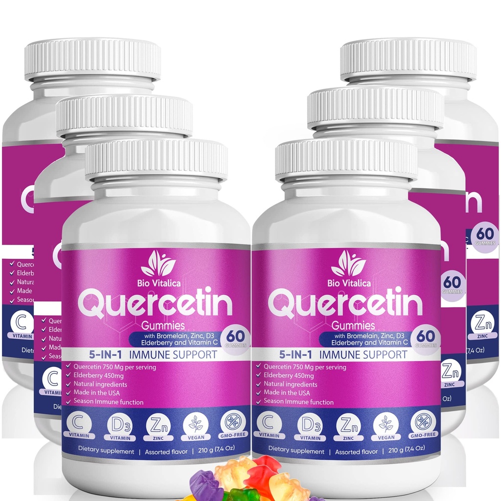 Quercetina Gummies by BioVitalica - Quercetina con Bromelaina Vitamina C y Zinc &amp; Elderberry + Vitamina D3-5 en 1 Apoyo Inmunitario - Zinc Quercetin 750 mg para Niños y Adultos (6, Quercetina)