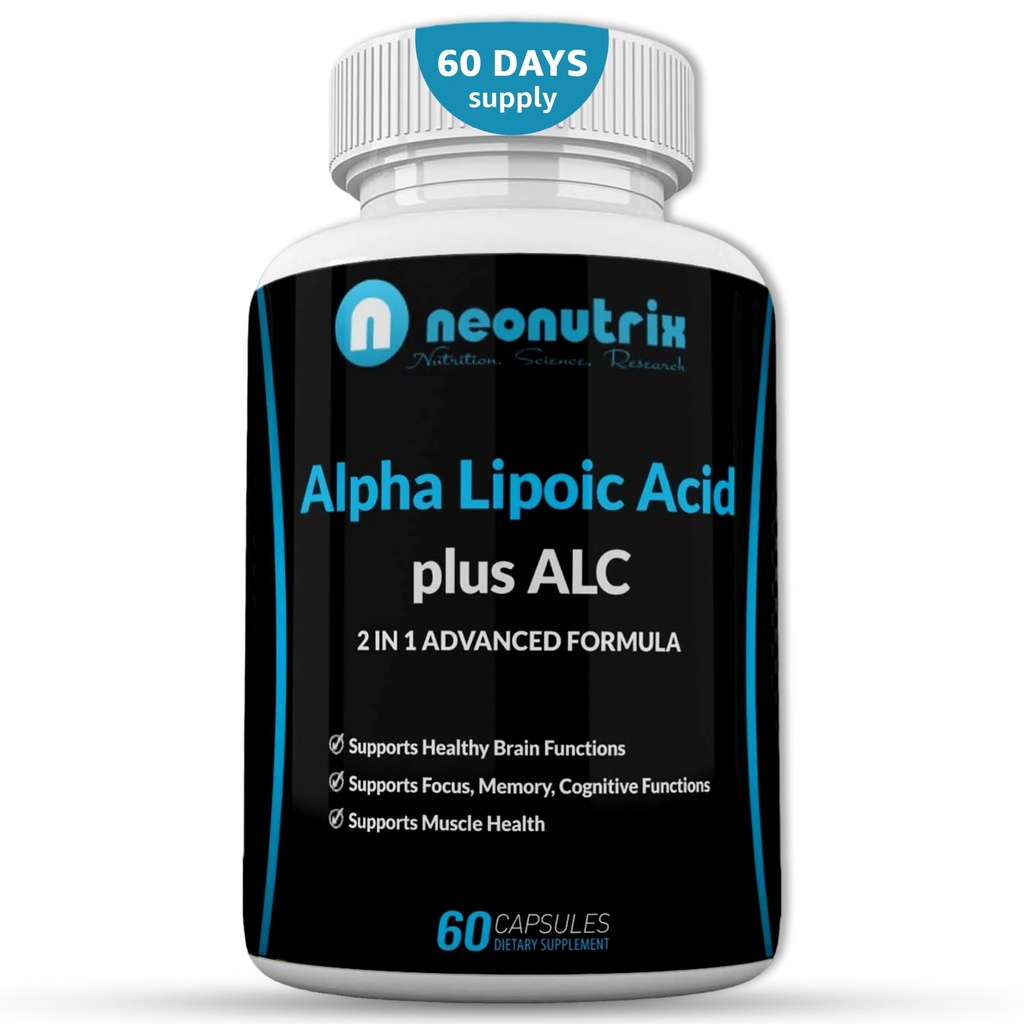 Alfa Lipoic Acid Plus Acetyl L-Carnitine Antioxidante Suplemento ALA ALC para la función cerebral saludable & fuerza muscular, enfoque, memoria & función cognitiva para hombres y mujeres - 60 cápsulas por Neonutrix