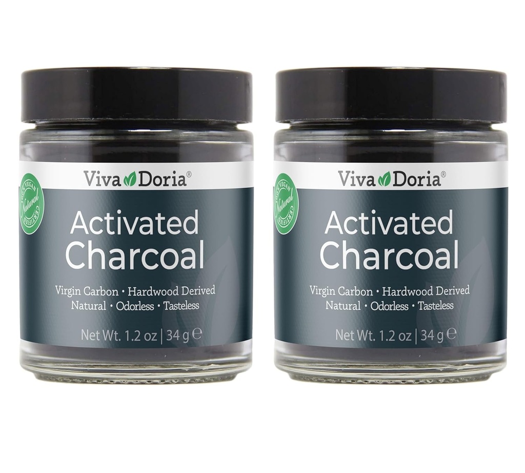 Viva Doria Powder de carbón activado, Destruido de madera dura, Grado de alimentos, 1,2 Oz Jarrón de vidrio (2 Pack)